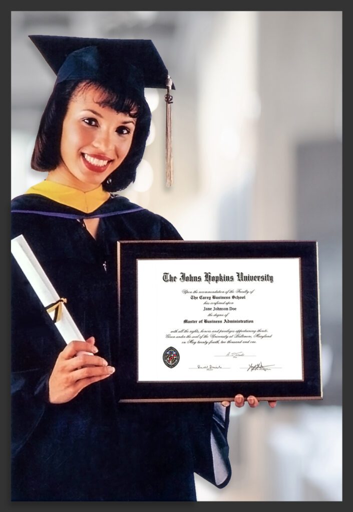 Female graduate showcasing her beautiful graduation plaque. Diploma Framing Near Me